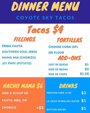 Menu at Coyote Sky Tacos in Kanab