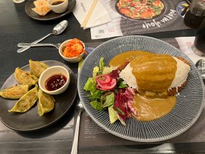 Vegetable gyozas, vegatsu with a side of kimchi   at Wagamama in Stoke-on-trent