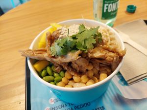 Large poké with Heura PB chickn as main vegan protein at Mahalo Poké in Cordoba