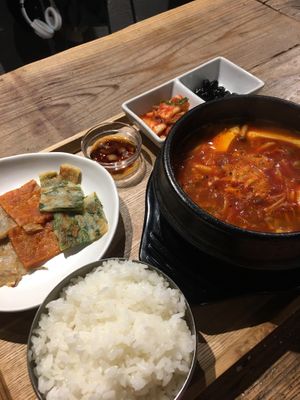 Sundebu jigae with jijimi side. 1200¥  at Yachego in Tokyo