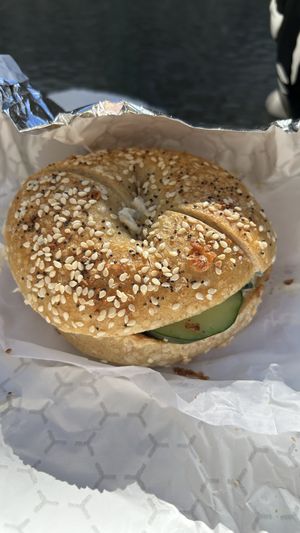 The “everything” bagel (not a sesame bagel although it’s hard to tell the difference!) with cream cheese and cucumbers.   at Brewerytown Bakery in Philadelphia