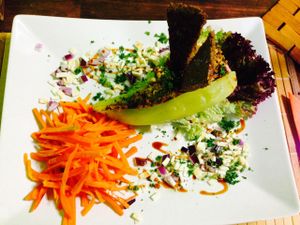Raw stuffed paprika with raw vegan bread and veggie at BEMBA rawfood & plant-based in Bratislava