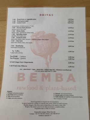 Menu Drinks  at BEMBA rawfood & plant-based in Bratislava