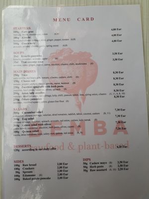 Menu Card at BEMBA rawfood & plant-based in Bratislava