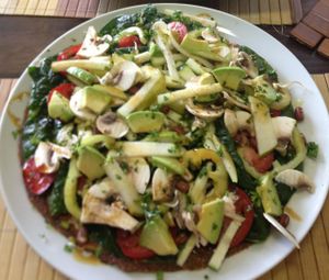 Raw vegan pizza with lots of veggie (best I have ever had) and raw vegan bananas with filling at BEMBA rawfood & plant-based in Bratislava