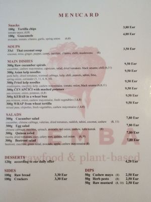 Menu card page 1 (meals) 📖💕💕💕 at BEMBA rawfood & plant-based in Bratislava