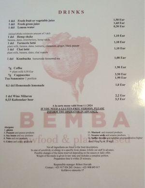 Menu card page 2 (drinks) 📖💕💕💕 at BEMBA rawfood & plant-based in Bratislava
