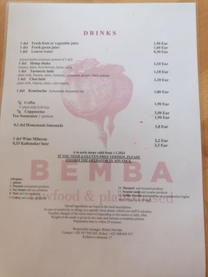 Drinks menu at BEMBA rawfood & plant-based in Bratislava