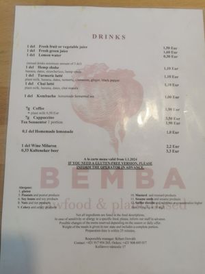 Menu at BEMBA rawfood & plant-based in Bratislava