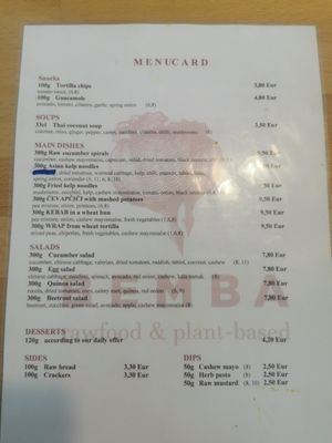Menu at BEMBA rawfood & plant-based in Bratislava