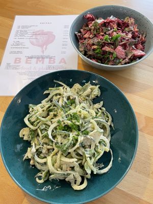 Raw cucumber salad (cucumber, cashew mayonnaise, capsicum, salad leaves, dried tomatoes, black sesame, chilli)  at BEMBA rawfood & plant-based in Bratislava