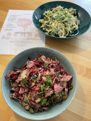 Raw beetroot salad (beetroot, zucchini, salad leaves, avocado, apple, cashew mayonnaise)  at BEMBA rawfood & plant-based in Bratislava