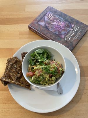 Guacamole with raw vegan linen seed crackers   at BEMBA rawfood & plant-based in Bratislava