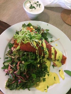 raw wrap with chives dressing an fresh salad at BEMBA rawfood & plant-based in Bratislava