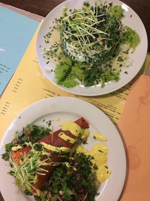 raw wrap and milky way(cucumber spaghetti with cashew mayonaise and fresh salad) at BEMBA rawfood & plant-based in Bratislava