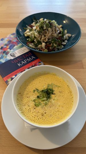 Thai coconut soup: coconut, miso, ginger, pepper, carrot, zucchini, cilantro, chilli, mushrooms   at BEMBA rawfood & plant-based in Bratislava