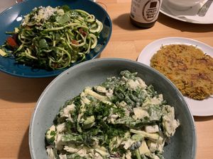‘Egg’ salad, potato cake and zuchini spaghetti at BEMBA rawfood & plant-based in Bratislava