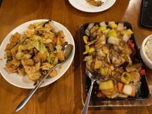 Tofu and vege stir fry and sizzling potato with capsicum and cumin  at Papa Chou's Yum Cha & Chinese Dining in Dunedin