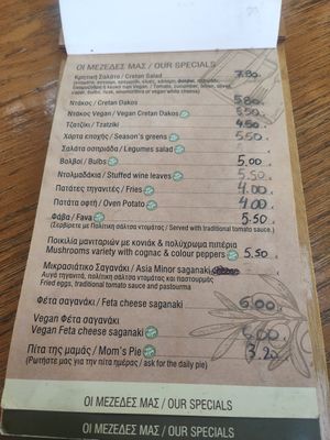 Meze Menu with vegan labels at Kanavatso in Crete