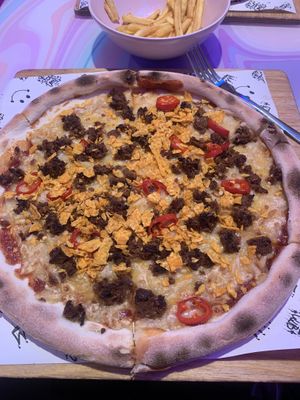 Sexy spicy pizza and skinny fries   at Vegan Pizza Club in Krakow