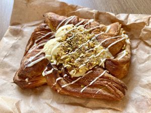 Pastry with custard and pistachio filling   at Vegan Bay Baker in Peterhead