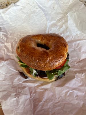 SLT  on vegan jalapeño “cheese” bagel at Humble Wood Fire (Bagel Shop) in Gainesville