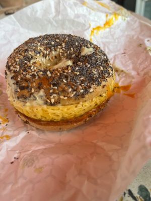 Vegan egg and cheese bagel-Just Egg patty tastes great with the vegan cheddar ! at Humble Wood Fire (Bagel Shop) in Gainesville