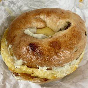 Vegan Egg & Cheese on Vegan Jalapeño Cheddar Bagel  at Humble Wood Fire (Bagel Shop) in Gainesville