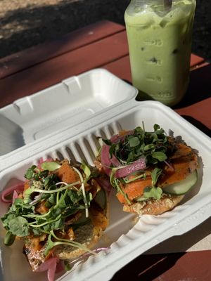 Carrot “lox” with tofu ricotta on a salted rosemary bagel  at Humble Wood Fire (Bagel Shop) in Gainesville