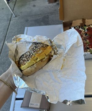 vegan egg & cheese bagel !!!  at Humble Wood Fire (Bagel Shop) in Gainesville