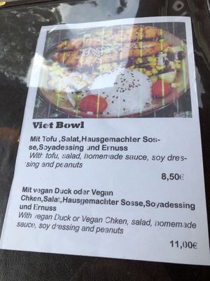 Menu: Weekly specials: Viet bowl with salad, homemade  sauce, peanuts and soy dressing plus either tofu (8€) or vegan duck or vegan chicken (11€)  at Tramy - Vietnam Kitchen in Berlin