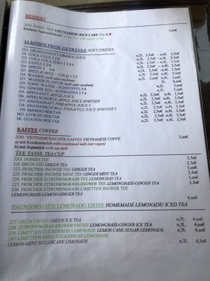 Menu: Dessert (vietnamese rice cake and agave sirup), non-alcoholic drinks, teas and homemade lemonades and iceteas. There’s also Vietnamese coffee with vegan or dairy option  at Tramy - Vietnam Kitchen in Berlin