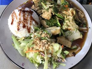 Number 29: Vegan fish with rice, dill, vegetables, sauce and salad  at Tramy - Vietnam Kitchen in Berlin