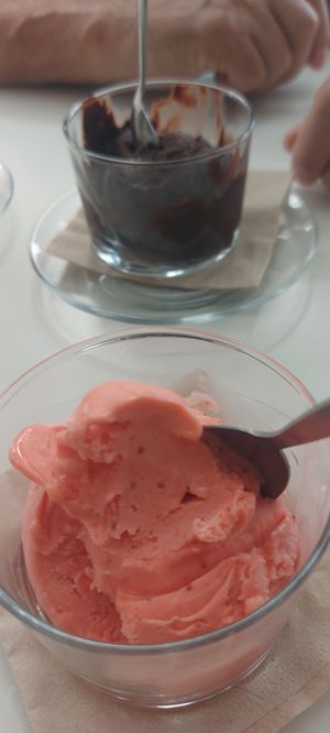 Vegan dark chocolate & strawberry ice cream so nice 💚🌱 at Oops Bubble Waffle Cafè in Tenerife