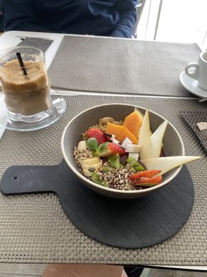 Açai bowl and almond iced lattee  at Oops Bubble Waffle Cafè in Tenerife