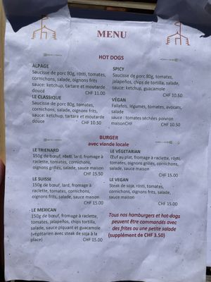 Hot dog / burger menu  at Refuge Le Peuty in Trient