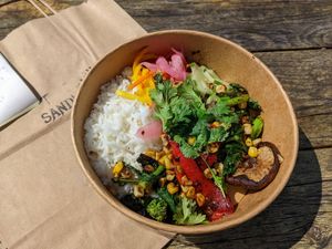 Earthly delights poke bowl (absolutely delicious, vegan as is) at TigerHawk Sandwich Co in Oak Bluffs