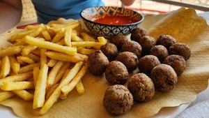 "meat" balls with chips and tomato souce  at Trattoria Imbarcadero in Stresa
