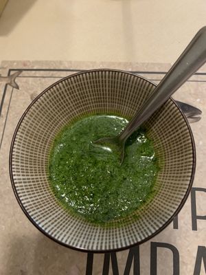 Vegan parsley sauce with a bread on the house  at Trattoria Imbarcadero in Stresa