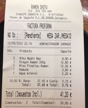 Ticket  at Ramen Shifu in Zaragoza