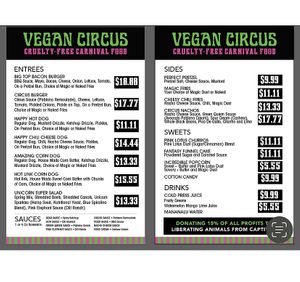 Menu at Vegan Circus in Sacramento