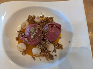 Raspberry sorbet and mango curd at Hudson Garden Grill in New York City