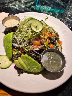 Avocado salad with Cesar and spirulina dressings. All vegan 👌 at Organic Oasis in Anchorage