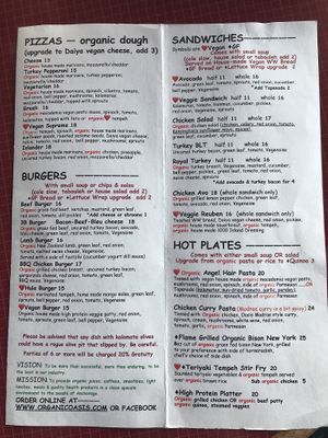 Pizzas burgers plates sandwiches at Organic Oasis in Anchorage