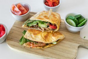 The Smiley Vegan Express Vegan Chicken Gourmet Manakeesh  at Smiley Vegan Rundle Mall in Adelaide