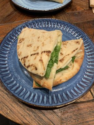 Cheese and spinach flatbread   at Smiley Vegan Rundle Mall in Adelaide