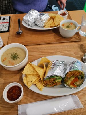 Vegan Burrito with Nachos and a vegetable soup at ONE EARTH in Hiroshima