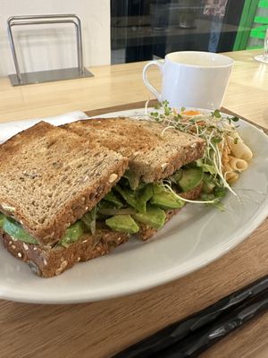 Vegan sandwich, macaroni salad and soup serving  at ONE EARTH in Hiroshima
