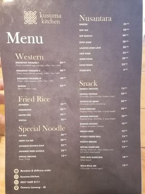 Food menu at Kusuma Kitchen in Ngadisari
