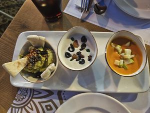 Surtido Andalusí (aguacate, mazamorra y salmorejo) at Taberna La Alquería in Cordoba